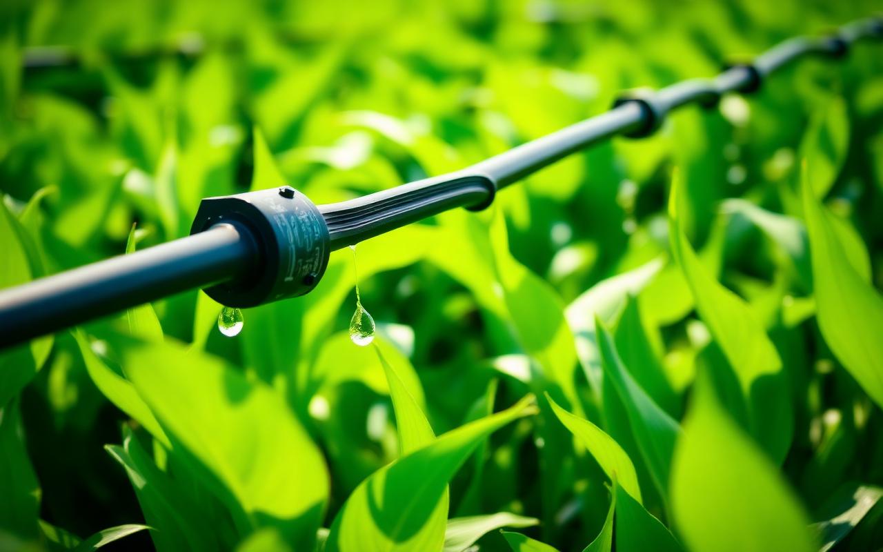 Drip irrigation emitter delivering water droplets onto crop